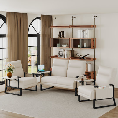3-Piece Upholstery Living Room Set With Side Tray Table, Upholstered 1 Loveseat & 2 Accent Chairs Set For Small Spaces