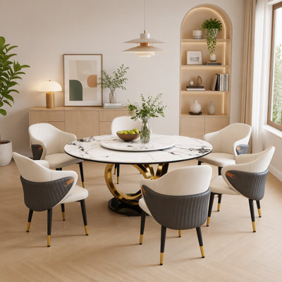 Ensemble de salle à manger rond en pierre frittée de 150 cm avec plateau tournant à 360°, plateau résistant aux rayures et à la chaleur, 6 chaises, pour salle à manger