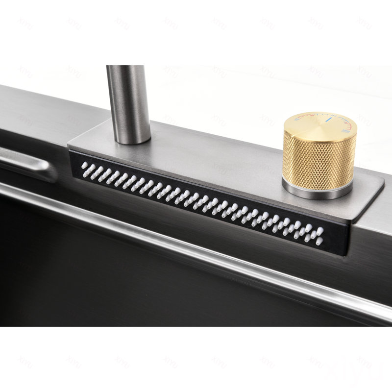 Évier de cuisine Waterfall, cuve simple en acier inoxydable noire, poste de travail multifonctionnel avec robinet de pluie et planche à découper, évier simple en acier inoxydable 30 x 18 po