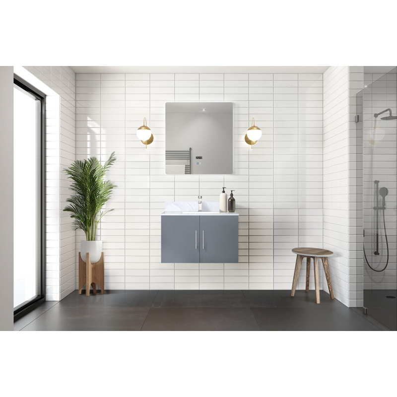 Geneva 30" Wall-Mounted Single Bathroom Vanity Set, White Carrara Marble, Dark Gray