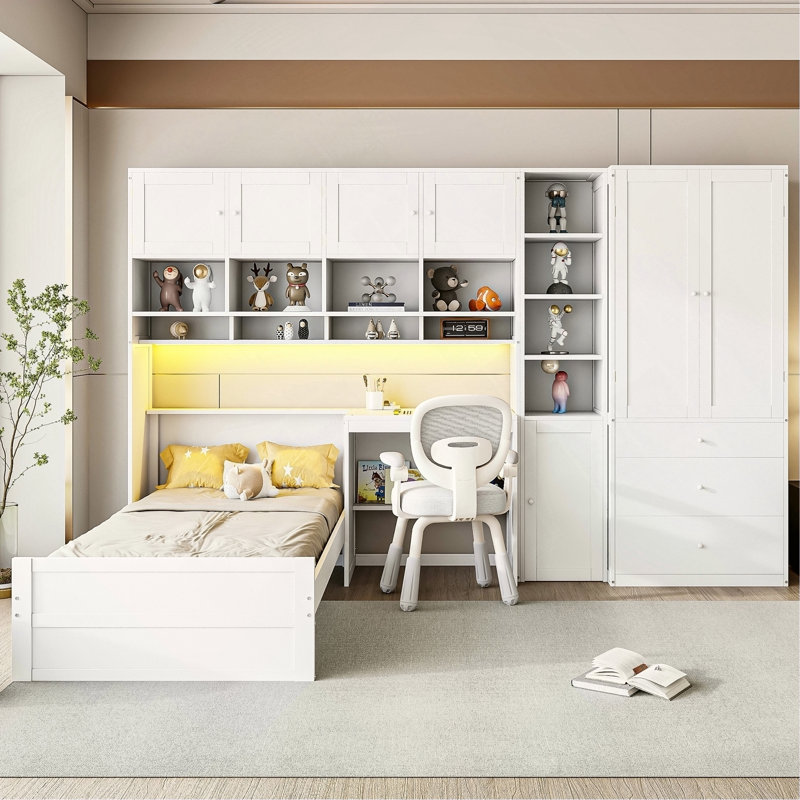 Lit plateforme simple en bois avec bureau, armoire, armoires, tiroirs et tablettes, blanc