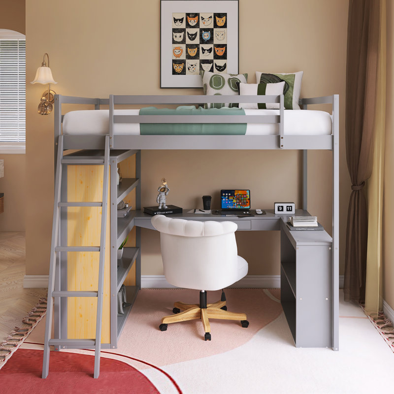 Lit mezzanine à structure en bois avec échelle, tablettes et bureau, Gris, Lit double