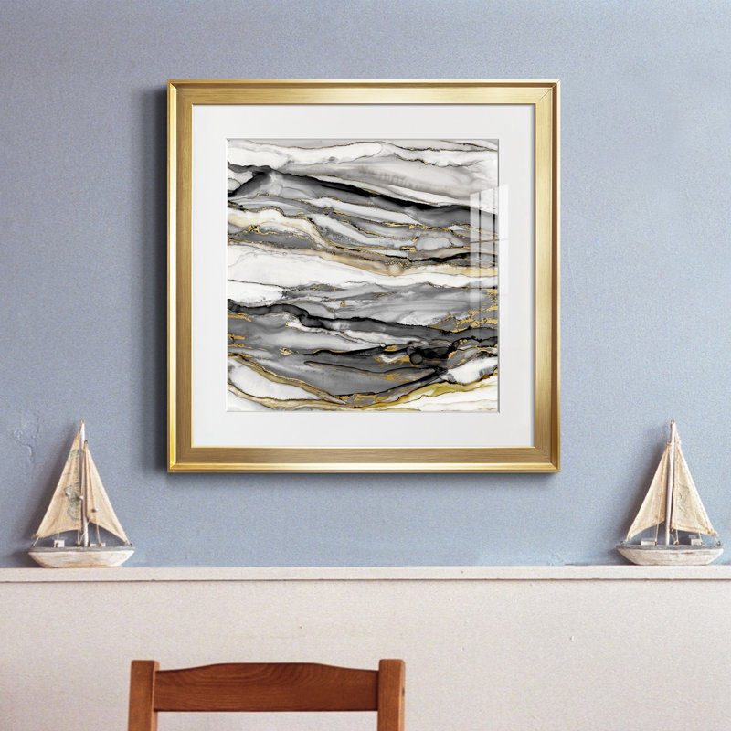 Marbré or II - peinture encadrée, Papier encadré doré, H 17,5 po x l 17,5 po x P 1,5 po