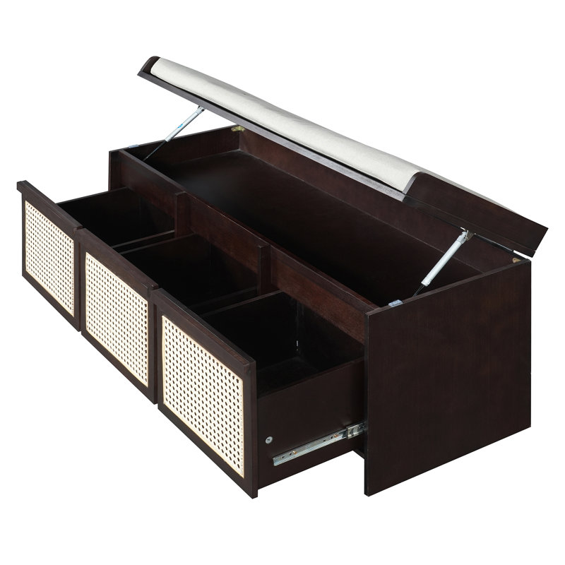 Banc de rangement avec plateau relevable, 3 tiroirs et coussin de siège, Espresso