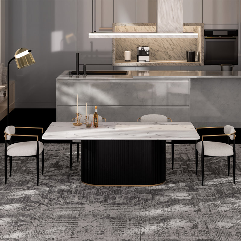 Faux Marble Dining Table for 6, with Metal Pedestal Base, White