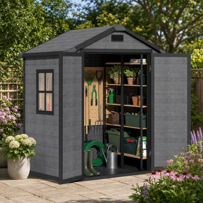 Resin Outdoor Storage Shed with Floor, Lockable Door & Windows, Waterproof All-Weather Plastic Tool Shed for Backyard Patio Lawn