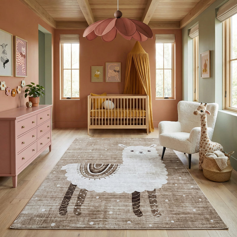 Tapis brun / beige à motif de lamas pour enfants 7 pi x 10 pi (6 pi 7 po x 9 pi 6 po) Branchan Rowan, Rectangle 7' x 10'