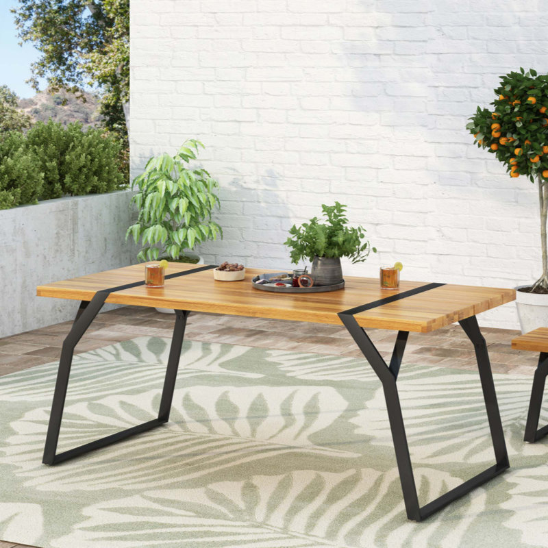 Table de salle à manger moderne et moderne en bois d'acacia avec conception à lattes et structure en fer durable pour une utilisation extérieure