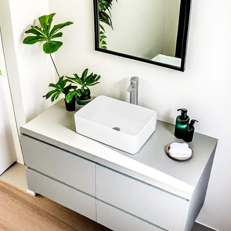 Lavabo de salle de bain rectangulaire en céramique avec robinet APRESSHUI 15 po, Nickel brossé