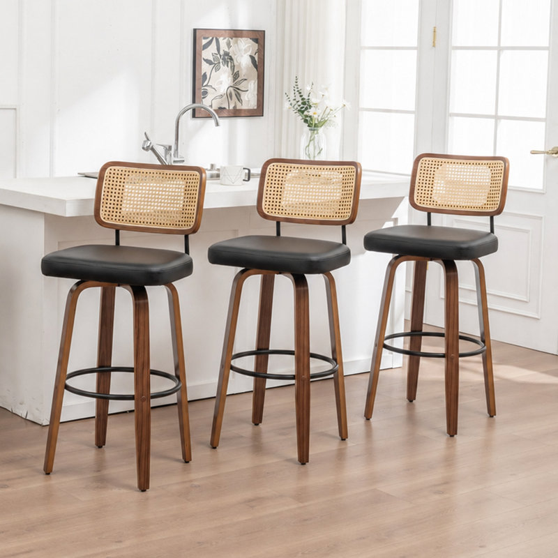 Tabouret de bar pivotant à dossier en canne avec siège en similicuir, Black