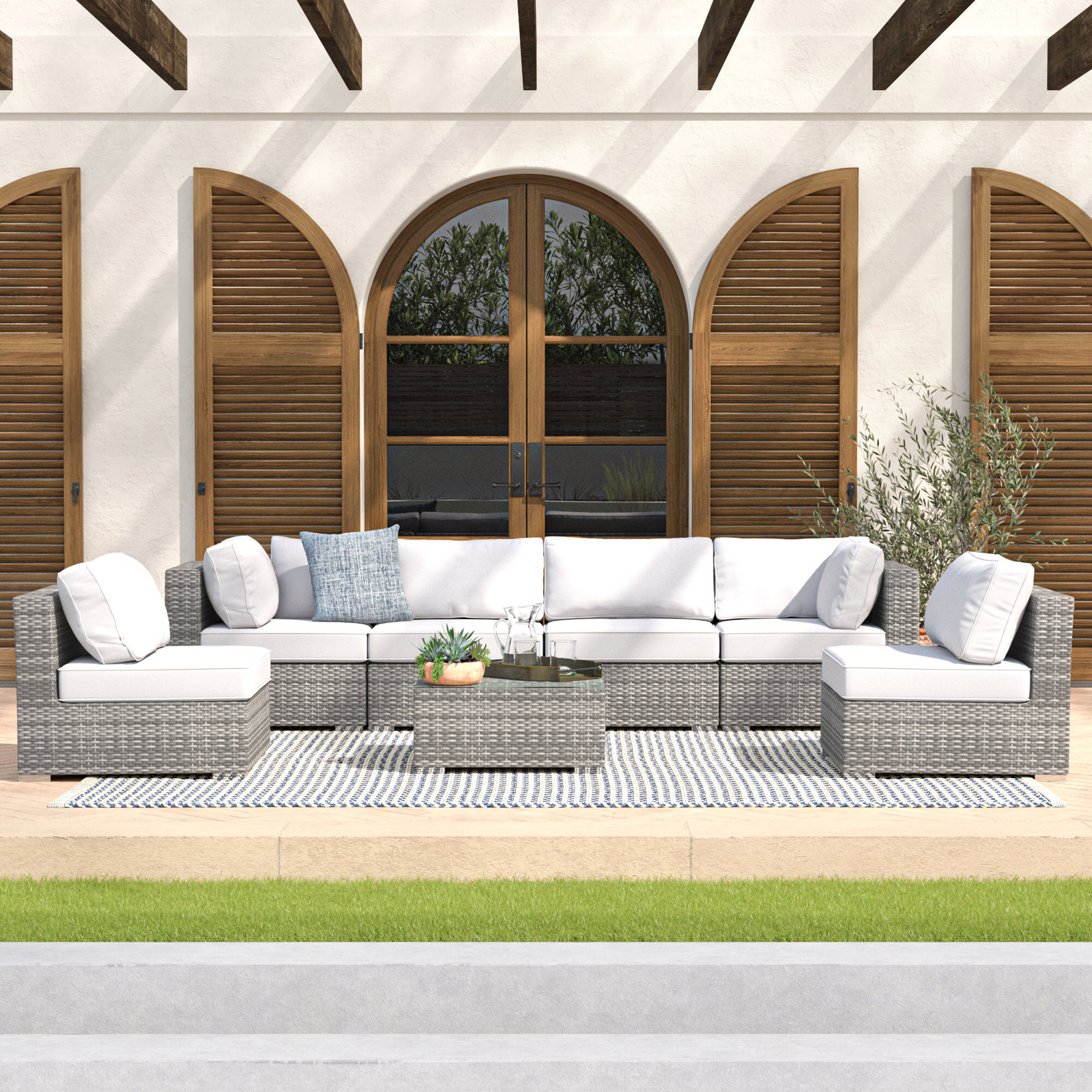 Tonioni Wicker Outdoor Fully Assembled 6 - Person Seating Group with Sunbrella Cushions, Canvas Canvas Sunbrella® Canvas