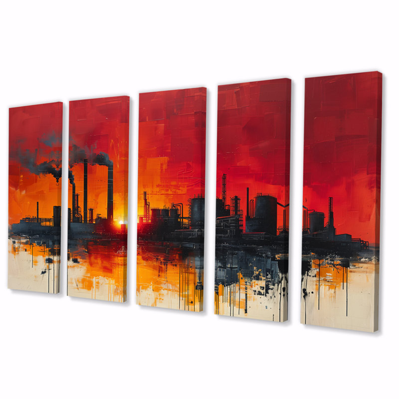 Ensemble de décorations murales jaunes et rouges Power Factories I - Factories, H 28 po x l 60 po