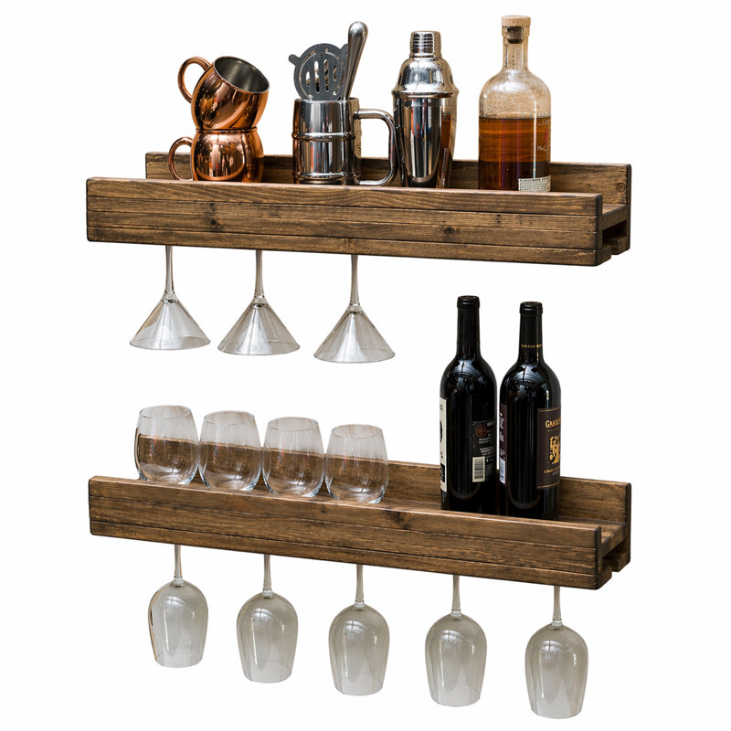 Ensemble de 2 porte-bouteilles muraux avec porte-verres à chargement latéral, tablettes flottantes en bois massif avec rangement en verre, noyer foncé 30 pouces