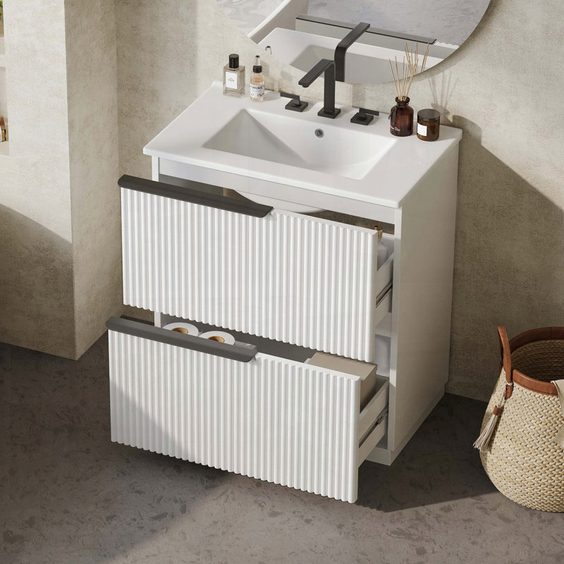 Meuble-lavabo de salle de bain avec lavabo en céramique, système de tiroir divisé et conception cannelée, Blanc