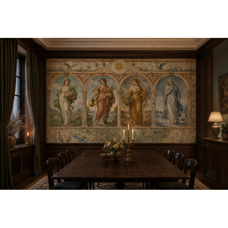 Papier peint mural classique à fresque représentant les quatre saisons et les niches cintrées., 160"x108"