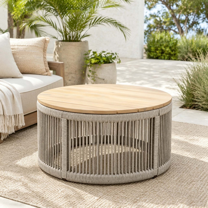 Table basse ronde en bois d'acacia avec base en corde tissée à la main, H 12,99 po x l 23,62 po x P 23,62 po