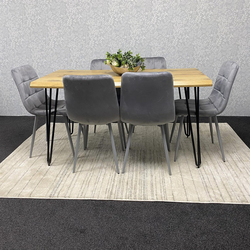 Wooden Dining Table and 6 Velvet Chairs - Stylish Dining Room Furniture, 75cm H x 117cm W x 77cm D, Grey