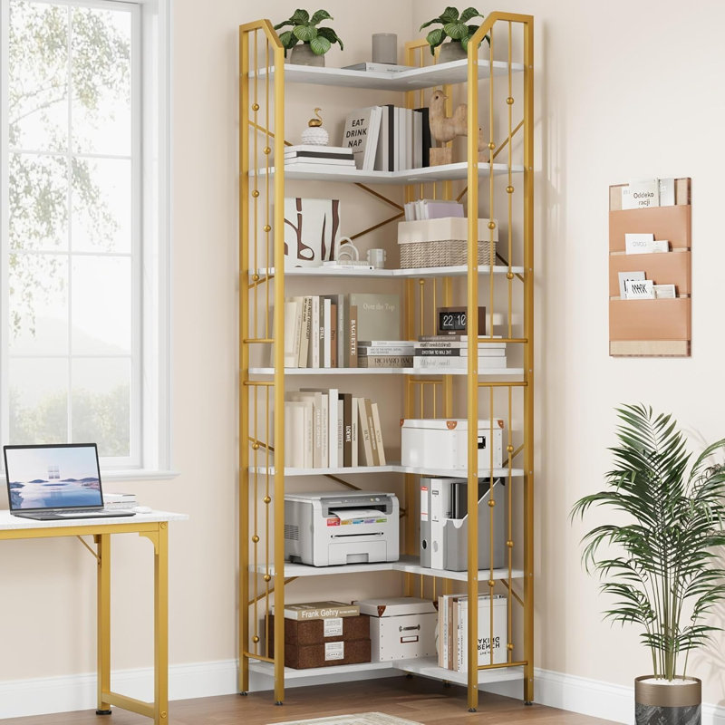 l-Shaped Corner Bookshelf, 5/7-Tier Tall Bookcase, Industrial Storage Display Shelves for Living Room, Home Office, Gold