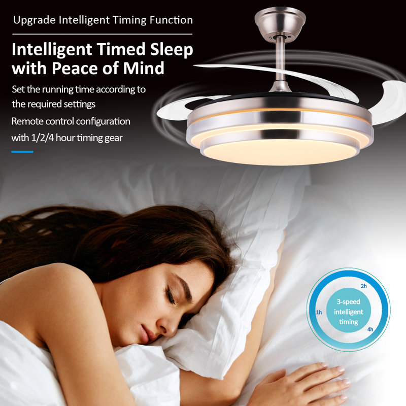 42 Inch Invisible Ceiling Fan 3-color Lights Retractable Blades Remote Control