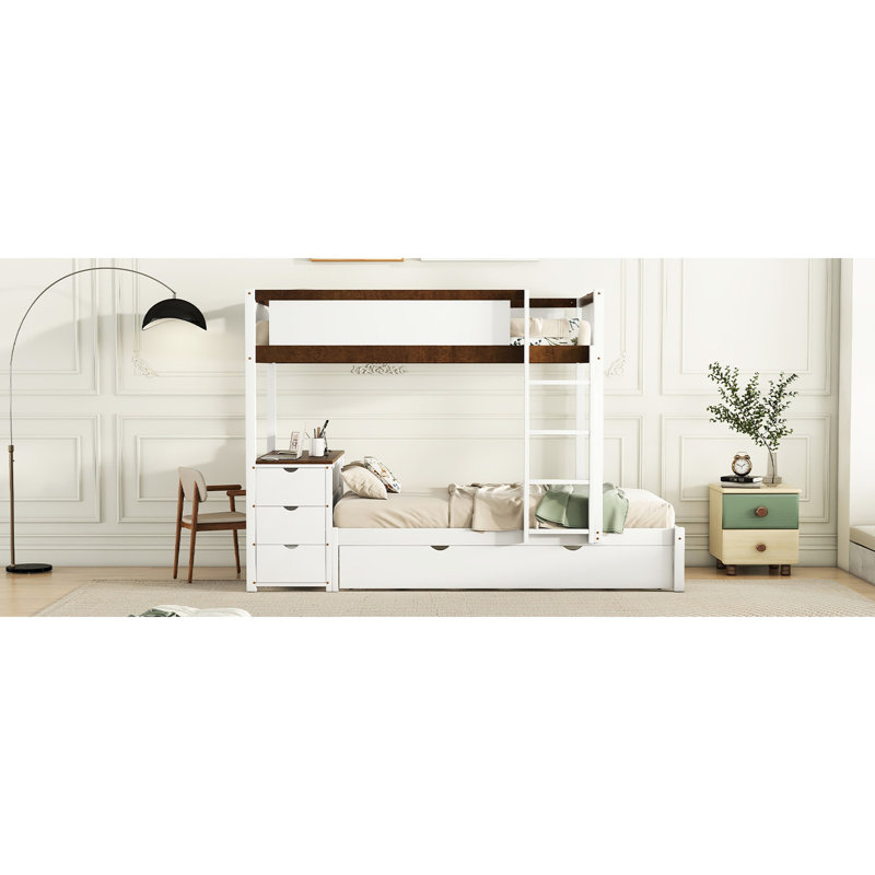 Twintwin Bunk Bed With Desk, Twin Size Trundle In White + Walnut Design Space Optimizing Storage