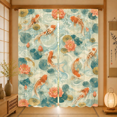 2Pcs Koi Fish and Lotus Flower Curtains, light filtering, artistic print, vibrant aquatic scene, rod pocket, for living room, bedroom, home decor