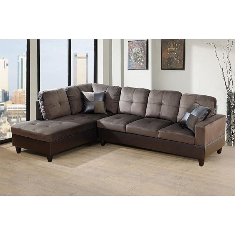 Lemley Upholstered L-Shaped Sectional, Left Hand Facing, Brown Microfiber/Microsuede/Faux Leather