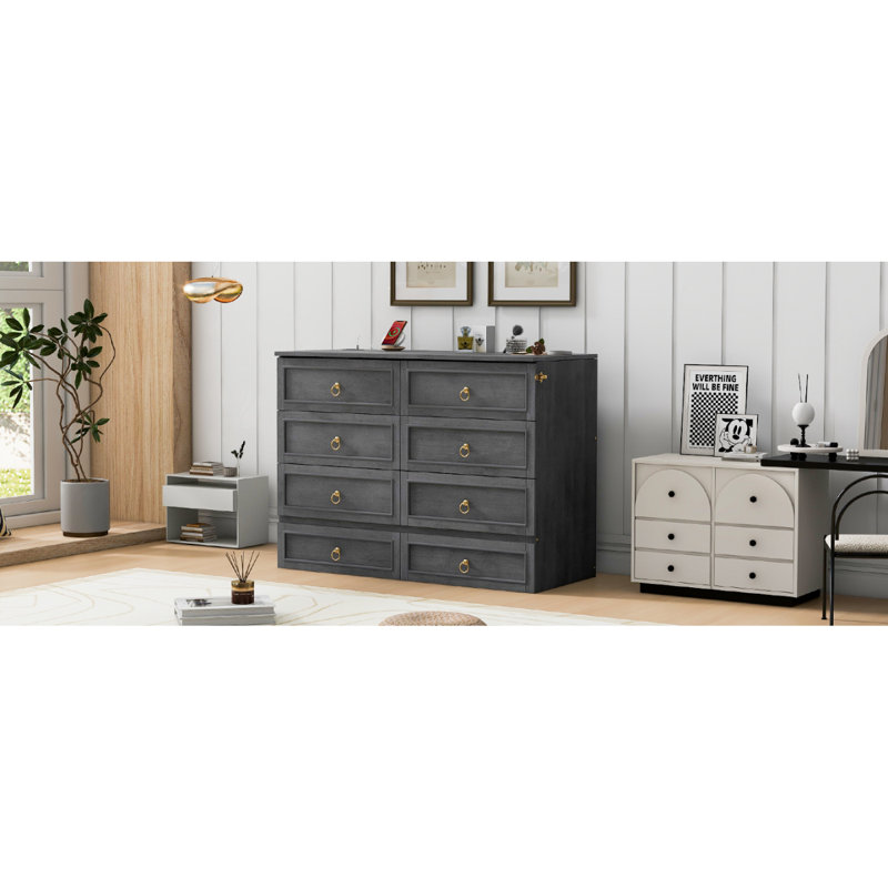 Lit escamotable avec grands tiroirs Murphy, Gris, Lit double