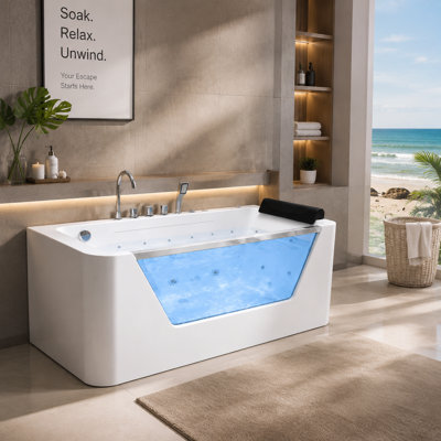 67" Whirlpool Bathtub With 7 Massage Jets, LED Chromatherapy Lighting, Tempered Glass Front Panel