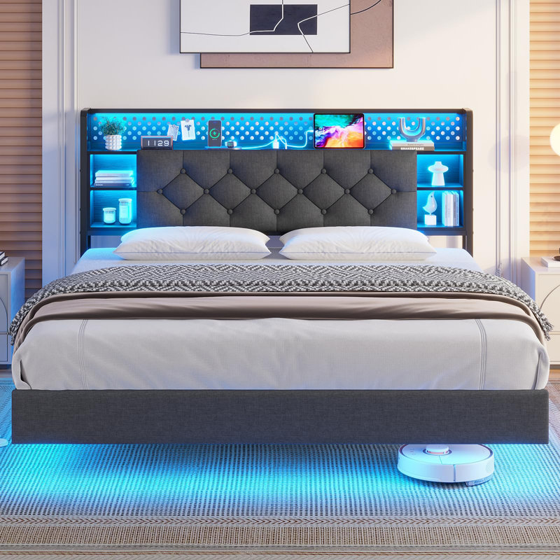 Upholstered Bookcase Floating Storage Bed with Charging Station and RGB LED Lights, Queen