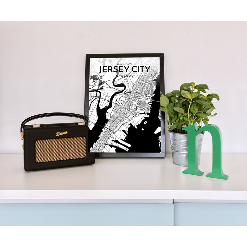 «Jersey City City Map», reproduction d'impression à l'encre / blanc, H 17 po x l 11 po