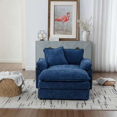 Fauteuil d'appoint rembourré en chenille 44,5 po avec repose-pieds 44,5 po, fauteuil de lecture pour chambre à coucher, chenille bleue