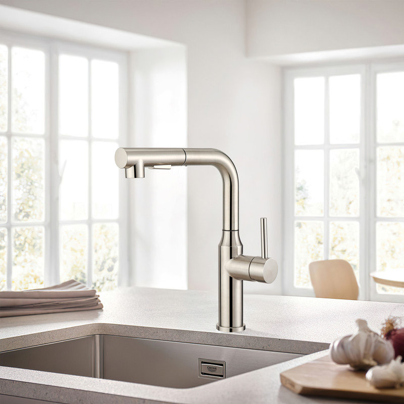 Robinet de cuisine escamotable à une poignée Frank, sans plomb, nickel brossé, Brushed Nickel