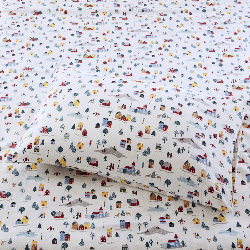 Ensemble de draps 4 pièces pour lit très grand avec imprimé village blanc, flanelle 100% coton, doux au toucher ultra doux, avec draps plats et ajustés 2 taies d'oreiller, convient à un matelas de taille très confortable