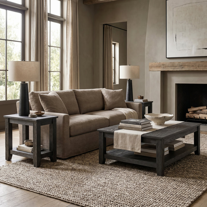 Weddel Basilico Modern Farmhouse 3 Piece Living Room Table Set, Dark Gray