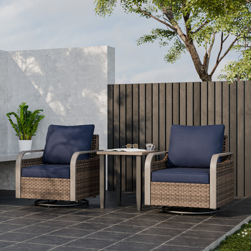 2 - Person Outdoor Seating Group with Cushions, Wicker Outdoor Swivel Rocker Patio Chairs Set, Blue