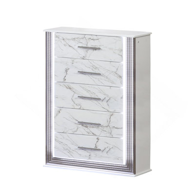 Commode à tiroirs en marbre avec panneaux latéraux à DEL et garniture métallique pour une organisation de chambre spacieuse et élégante