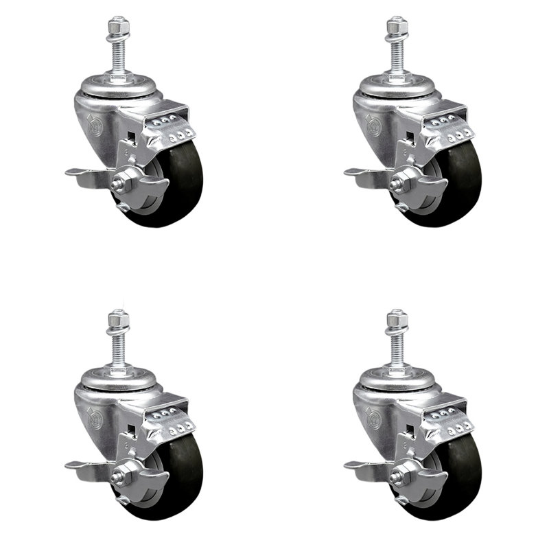 Ensemble de frein à roulettes à tige filetée 3,5 po en polyuréthane noir 3,5 po