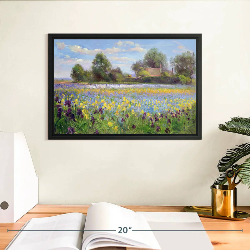 Ferme et champ d'iris, Cadre flottant noir, 13 po x 9 po