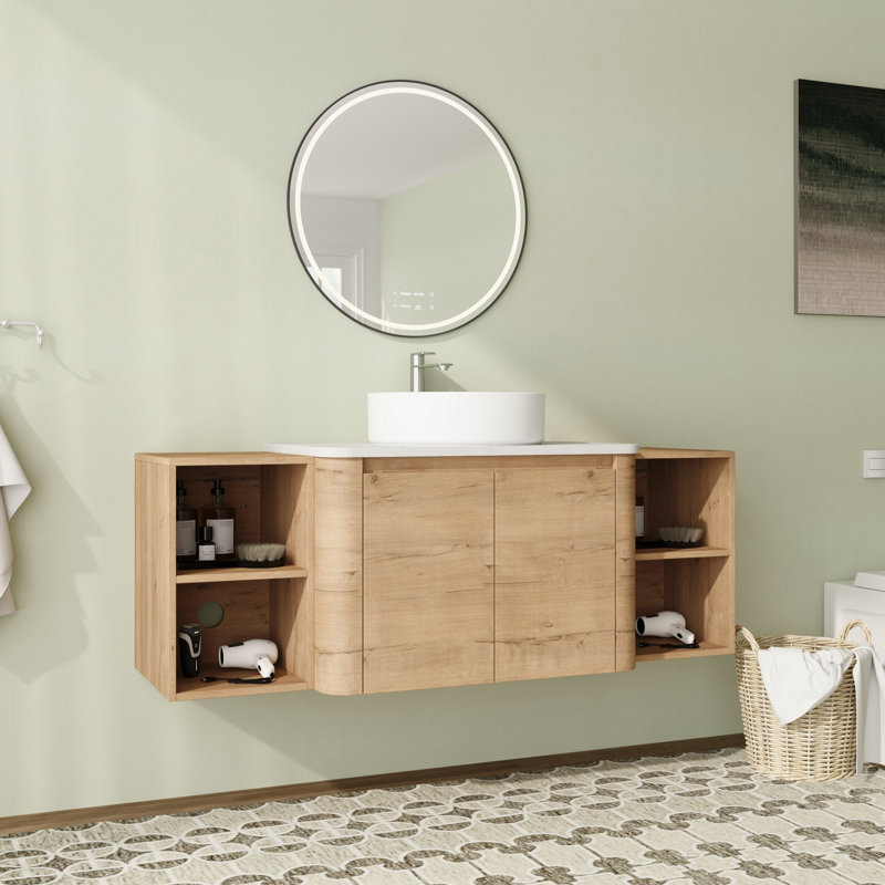 Meuble-lavabo flottant mural 54 po avec comptoir en quartz et portes et tablettes de rangement à fermeture en douceur, Blanc
