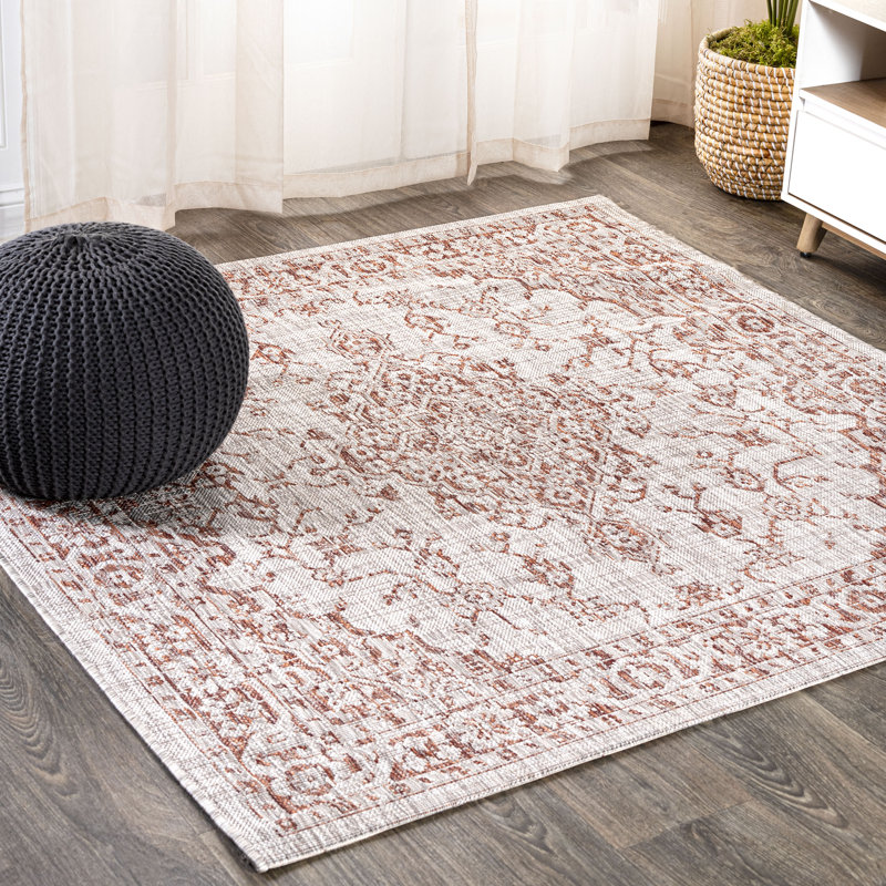 Nate Boho Medallion Textured Weave Red/Taupe Indoor/Outdoor Rug, Square 5'3"