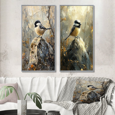 Chickadee, oiseau sur une pomme de pin III - animaux, art mural 2 pièces