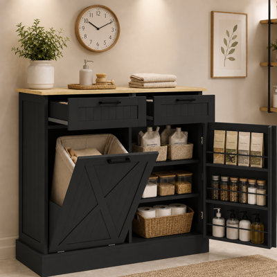 Farmhouse Inspired Style with Concealed Bin Storage Wood Grain Top and Barn Door Detail Kitchen Cabinet for Kitchen Dining Room Pantry and Coffee Bar