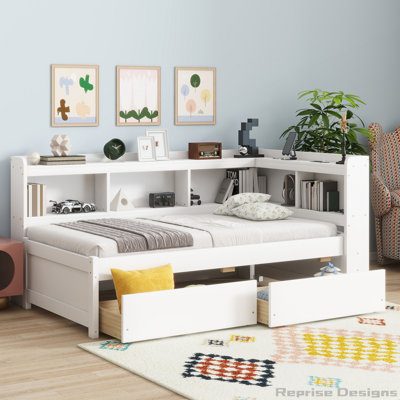 L-shaped Bookcases Bed with Power Outlets, USB Charging Ports and Drawers