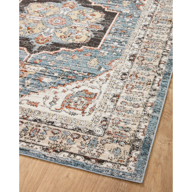 Tapis bleu ciel / multicolore Lavant Loloi II Odette, Rond 5 pi 3 po