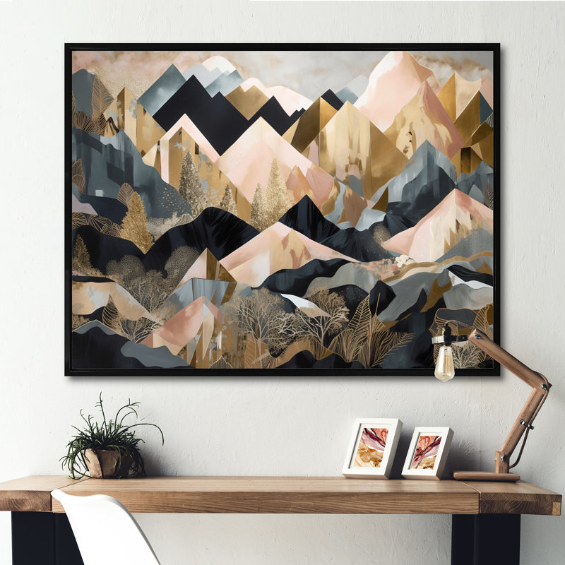 «Pink and Gold Geometric Horizons I», reproduction d'art sur toile, H 34 po x l 44 po x P 1,5 po, Cadre flottant noir