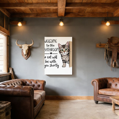 «Cat Will Be With You Shortly», art mural en bois à l'arrière, 30 L x 20 l