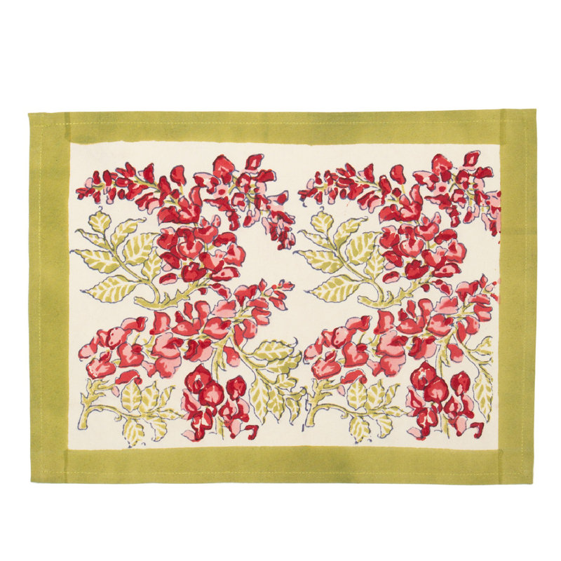 Wisteria 100% Cotton Floral Rectangle Placemat, Green/Pink