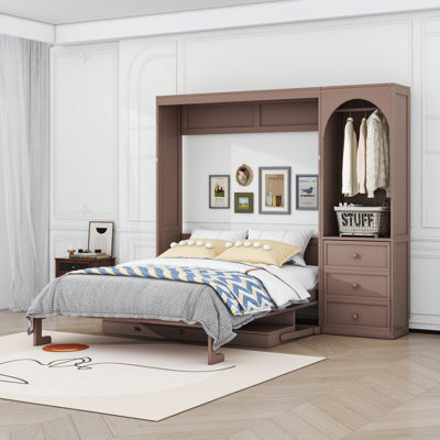 Grand lit escamotable 3 tiroirs avec tablettes et garde-robe ouverte