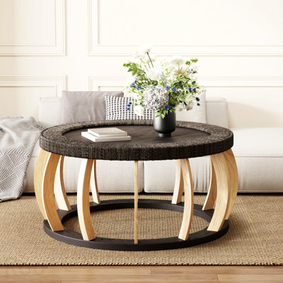 35.43" Boho Round Coffee Table - Rattan, Solid Wood, Curved Legs - Black Brown