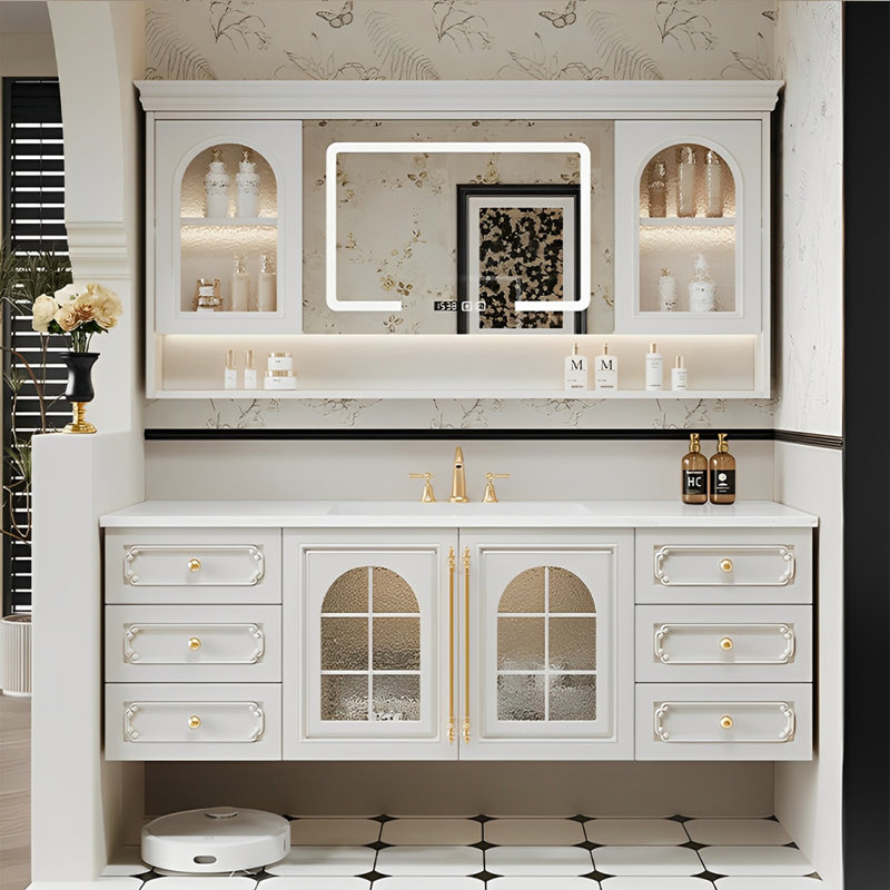 Armoire de salle de bain intelligente de style rétro français., Blanc cassé, H 19,69 po x l 55,12 po x P 19,69 po